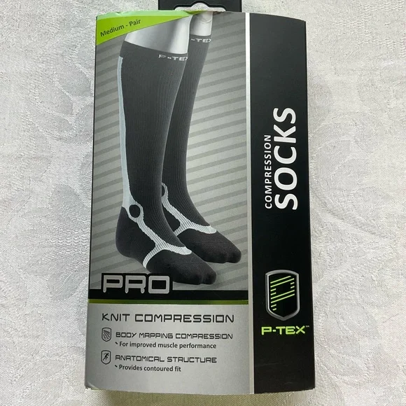 P-TEX Pro Compression Socks Knit Support Size Medium Black Gray NEW In The Box - Picture 1 of 3